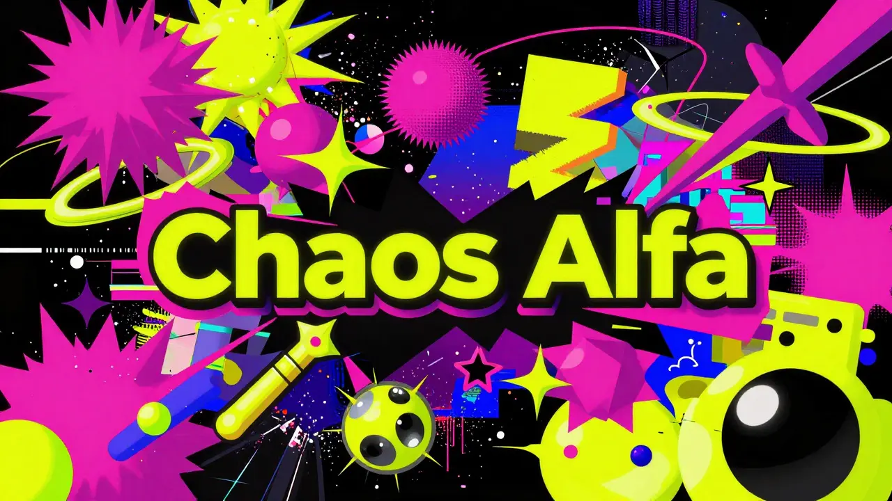 Digitální koláž ve stylu Chaos Alfa s neonovými barvami, glitch efekty a 3D distorzí.
