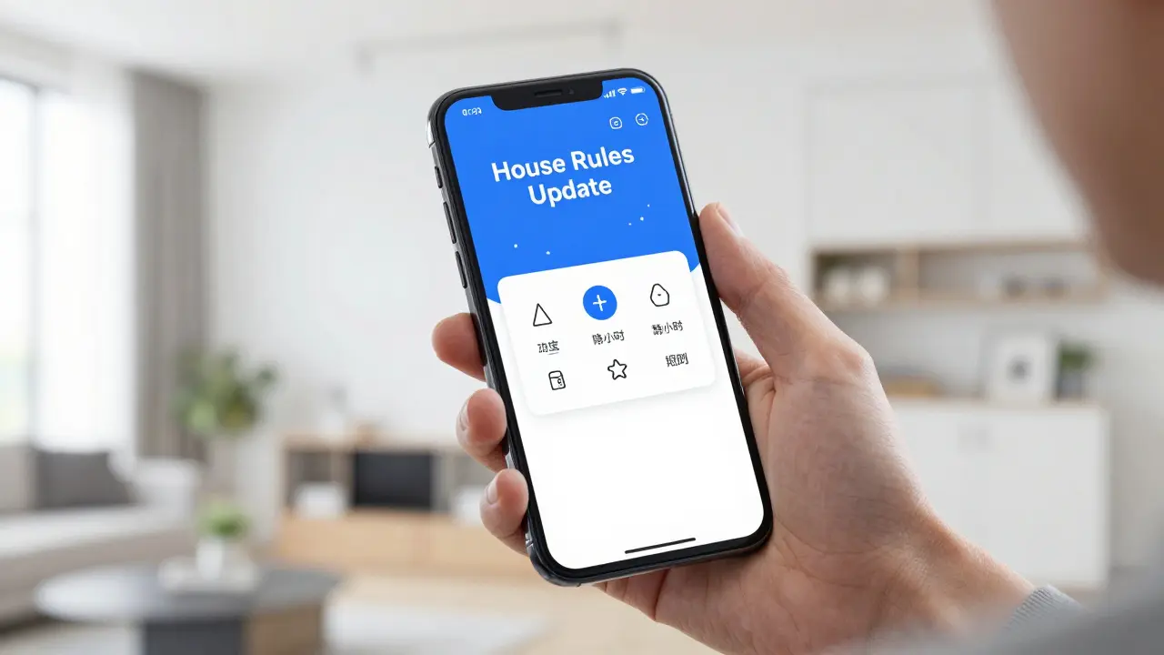 Digitální notifikace o domovním řádu v aplikaci na chytrém telefonu.
