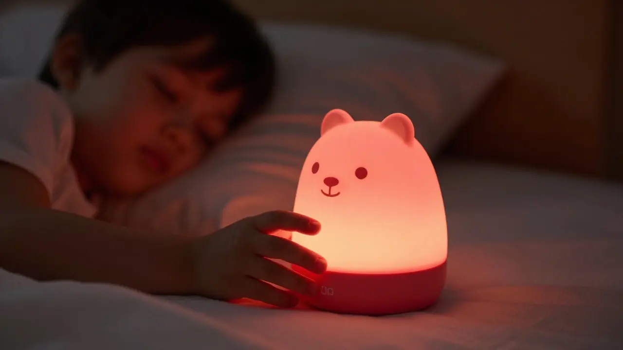 Dítě se dotýká měkké silikonové lampičky s uklidňujícím červeným světlem.