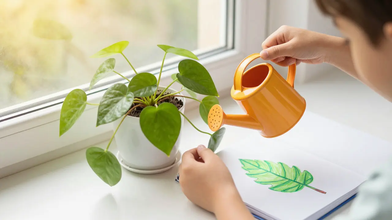 Dítě zalévá penízovku malou konvičkou na slunném parapetu.