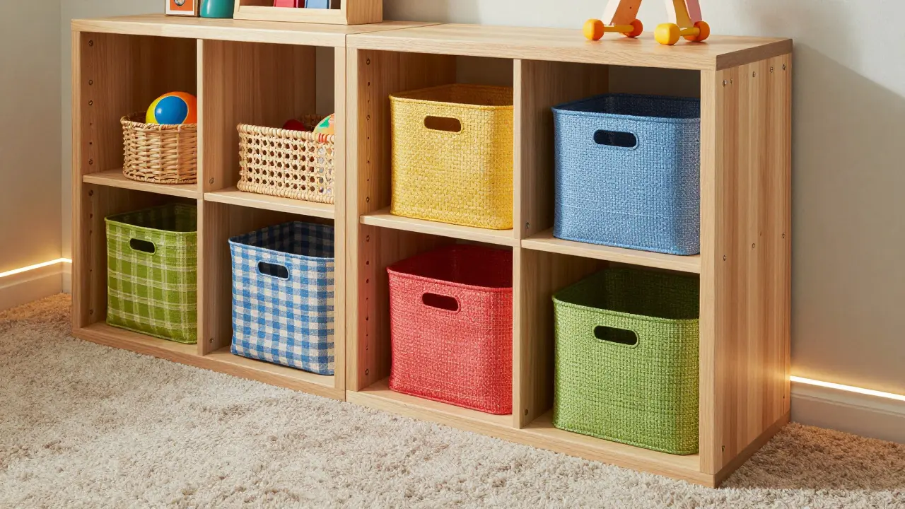 Dřevěné otevřené regály s košíky na hračky pro malé děti.