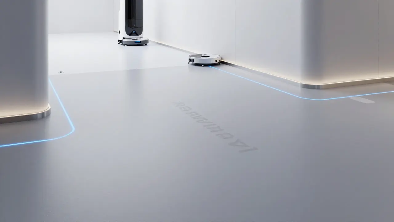 Futuristická chytrá podlaha s integrovanými senzory a čisticím robotem.