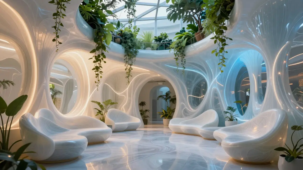 Futuristický interiér budovy integrovaný s inteligentní přírodou a organickými tvary.