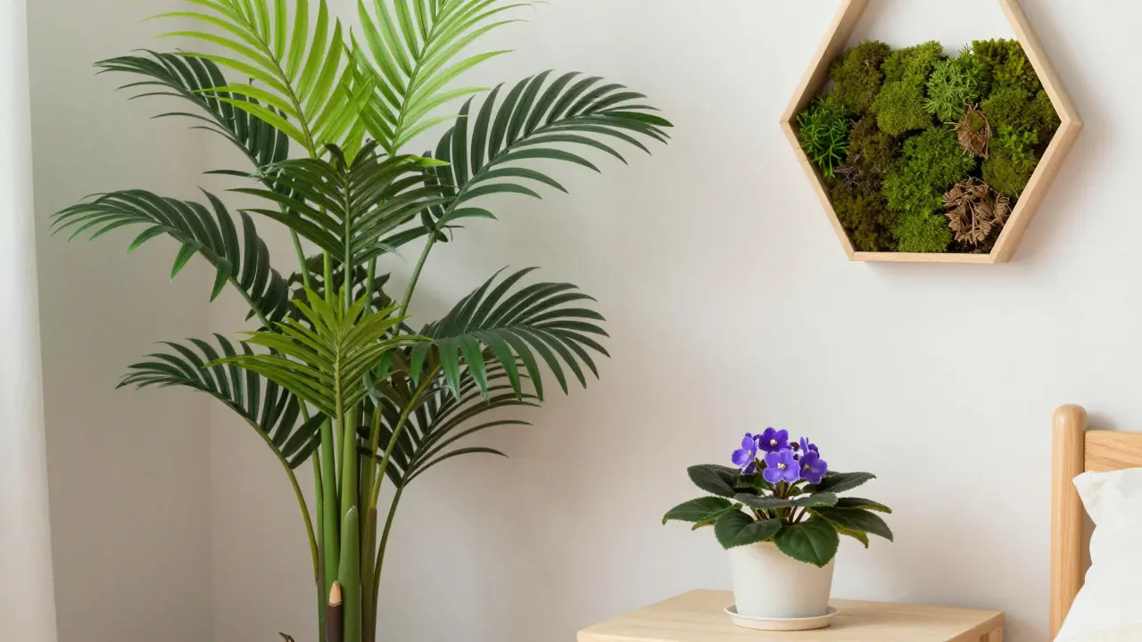 Horská palma a africké fialky v bezpečném interiéru dětského pokoje.