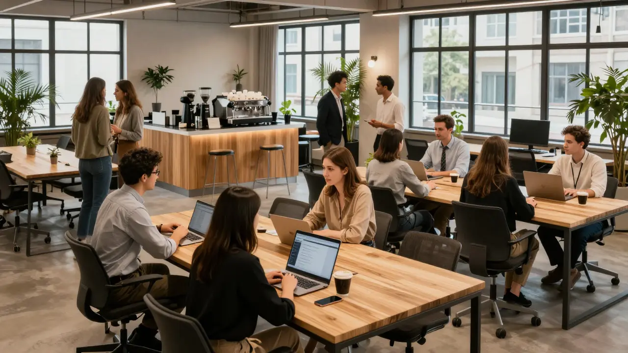 Interiér moderního coworkingového prostoru s lidmi u práce a kávovarnou.