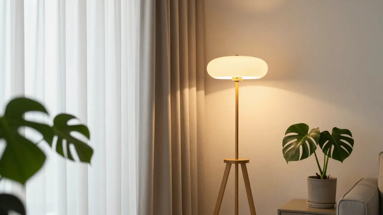 Interiér s kombinací přirozeného denního světla a teplého osvětlení z lampy pro hloubku prostoru.