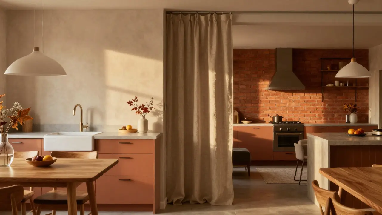 Interiér v analogickém barevném schématu s béžovými a cihlově červenými tóny.