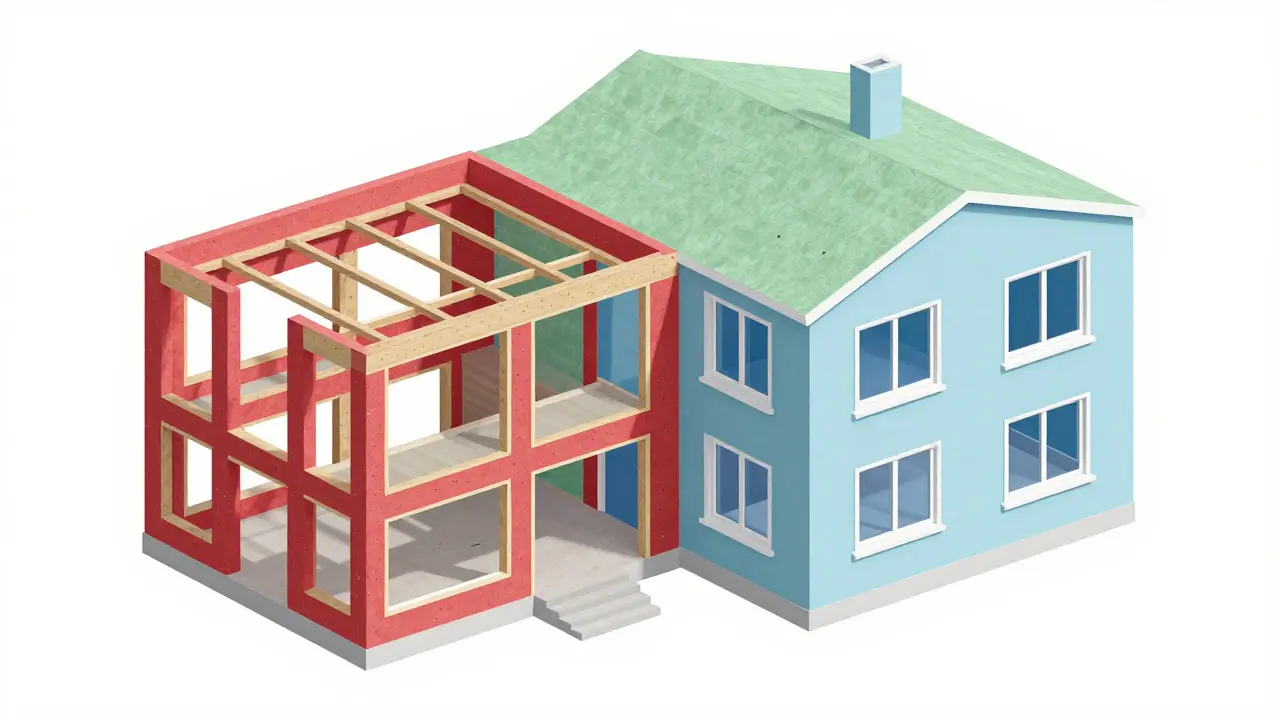 Izometrický nákres domu znázornující nosné konstrukce a energetickou úsporu.