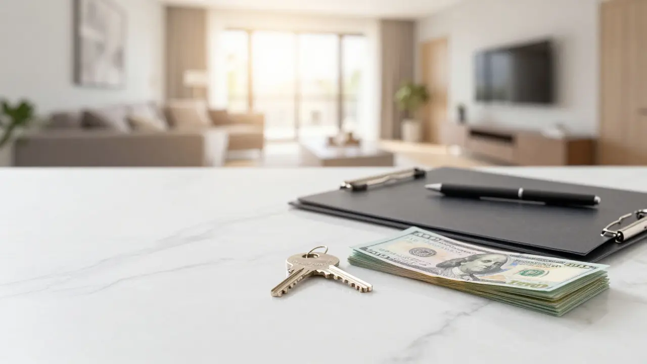 Klíč od nového domu vedle finanční rezervy na mramorové desce.