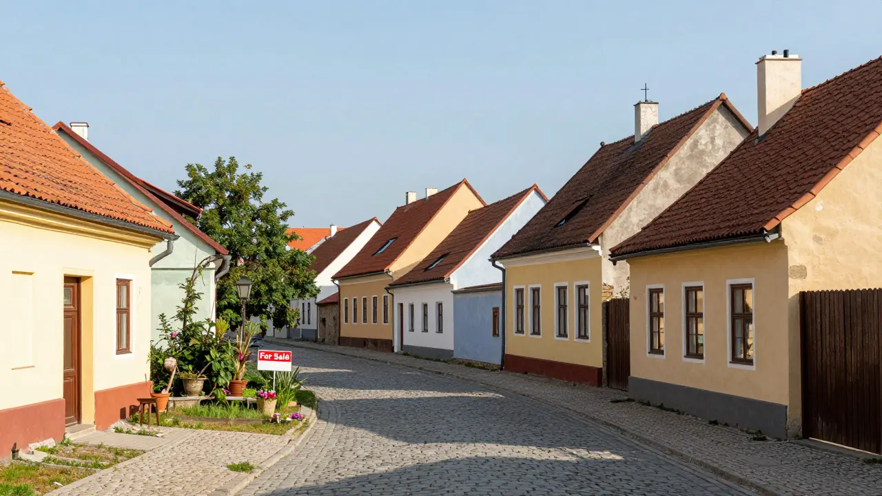 Klidná ulice v malém českém městě s tradičními domy a dlažebnicemi.