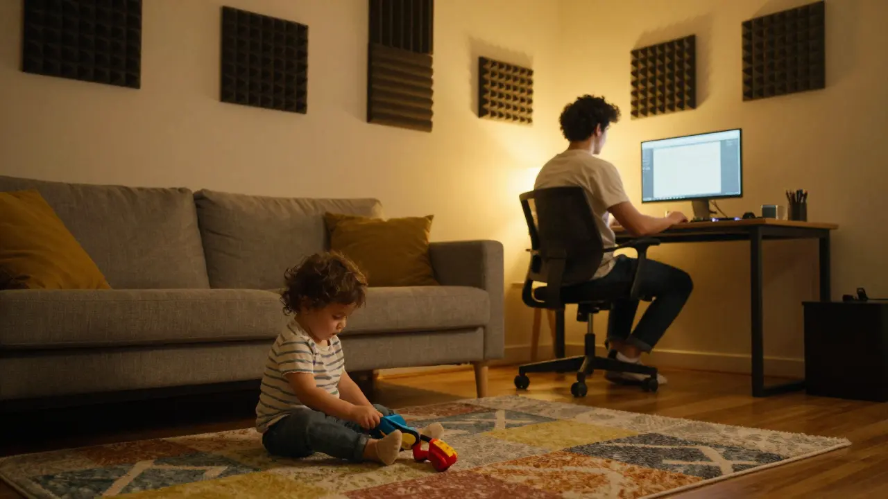 Klidný večer, dítě hraje a rodič pracuje v jednom pokoji.