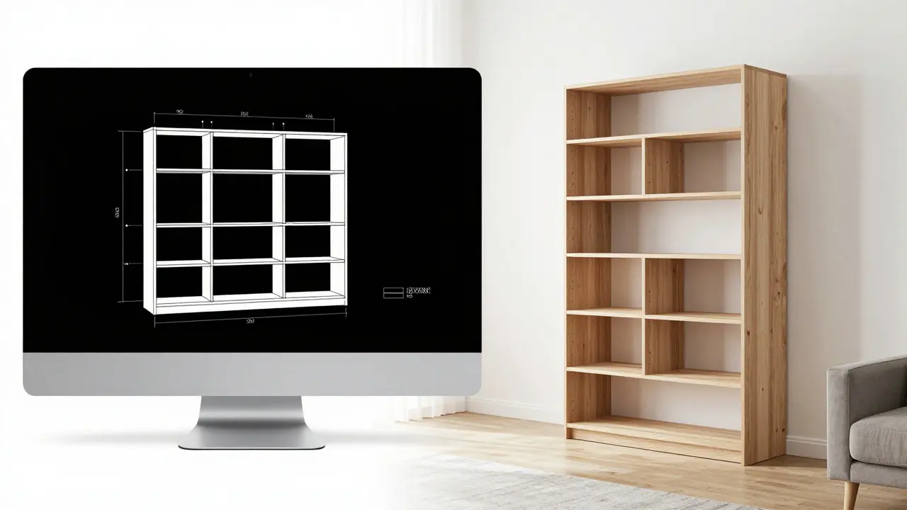 Kombinace digitálního návrhu a hotového nábytku na míru v moderním interiéru.
