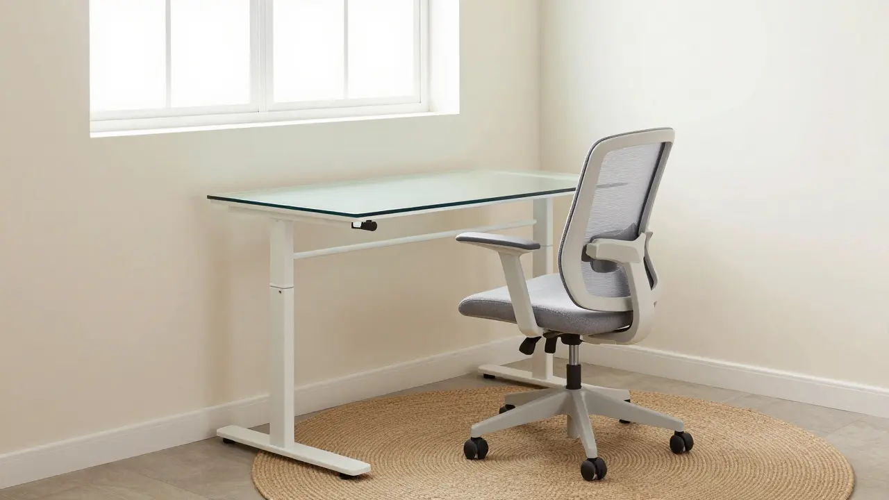 Kompaktní výškově nastavitelný stůl se skleněnou deskou a ergonomickou židlí.