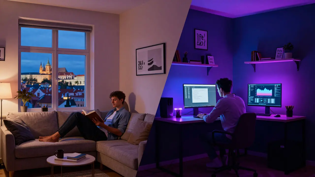 Konceptuální obraz kombinující domácí pohodu a noční práci v coworkingovém centru.