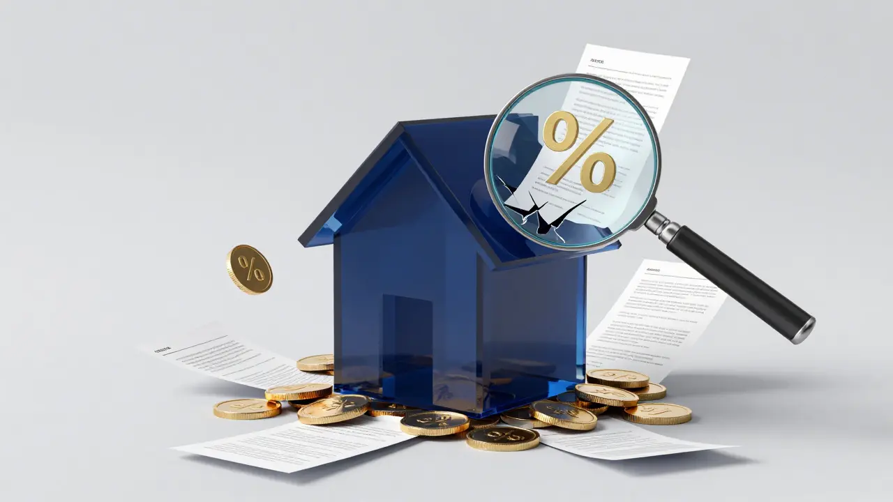 Konceptuální skleněný dům na základech z mincí a smluv.