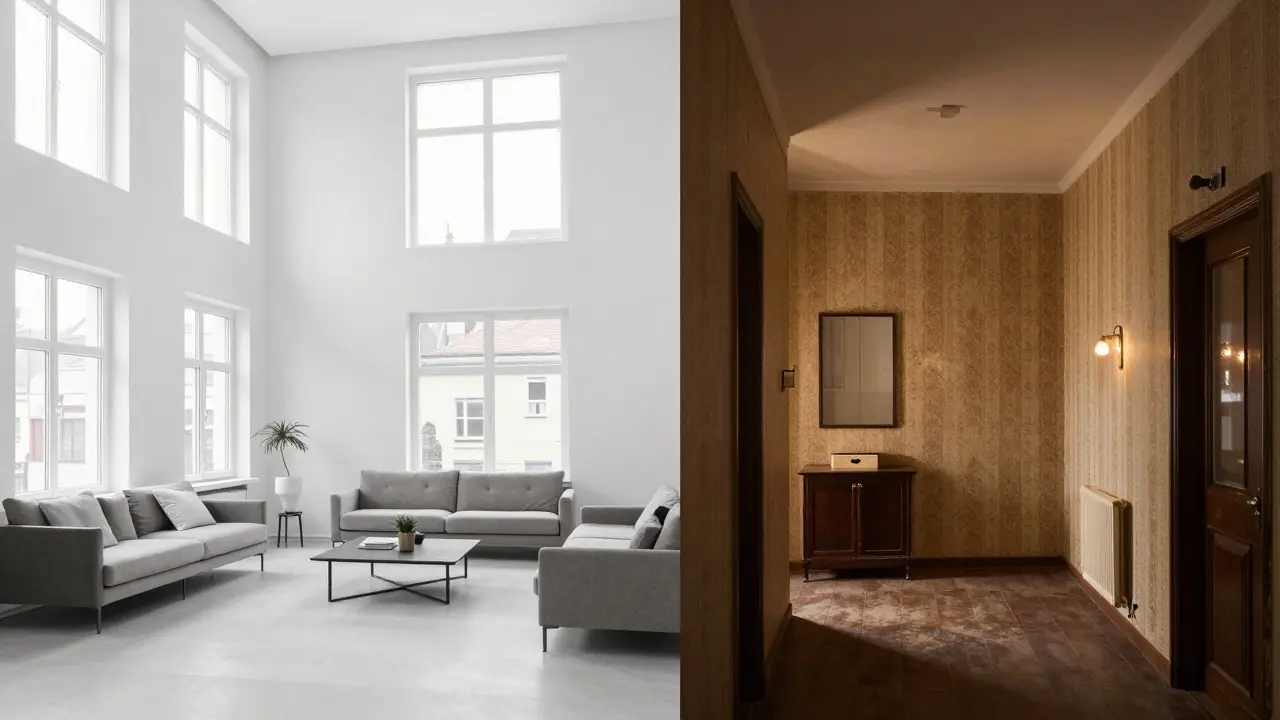 Konceptuální srovnání luxusního bytu v Brně a skromného bytu v Ústeckém kraji.