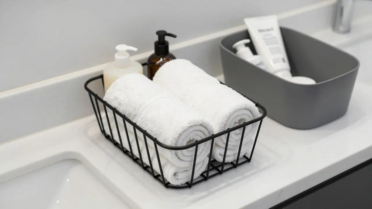 Kovový černý koš s ručníky na bílém mramorovém povrchu v koupelně