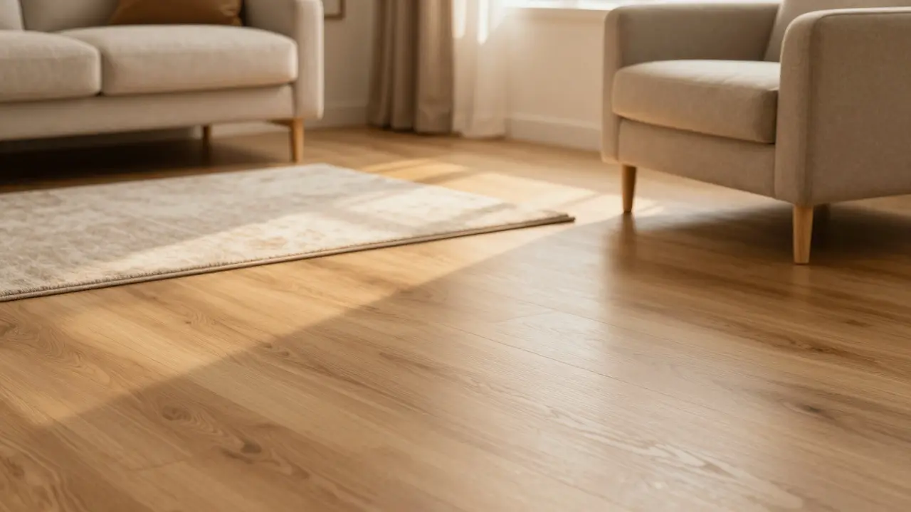 Křeslová zóna v obývacím pokoji s dřevěnou podlahou a podlahovým topením.