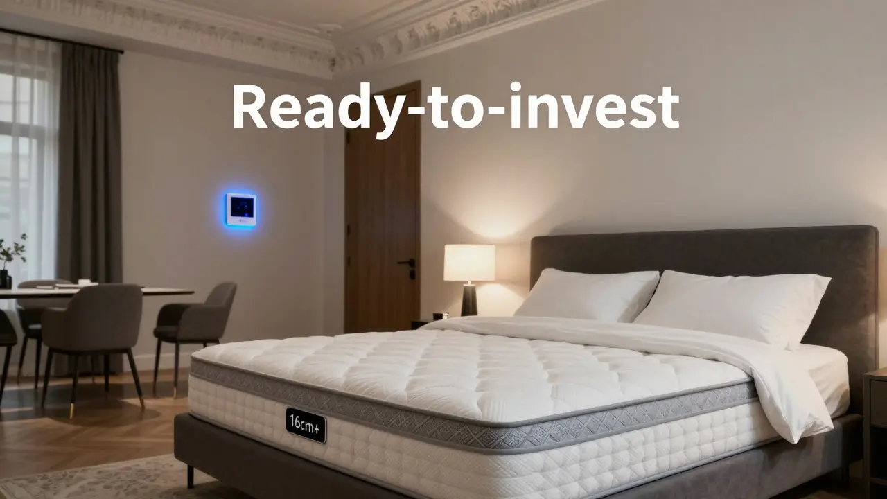 Luxusní ložnice s kvalitní matrací a chytrým termostatem v historickém bytě.