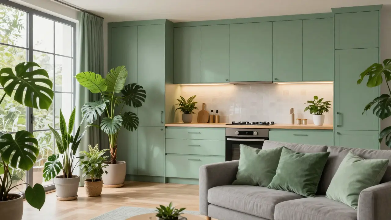 Moderní interiér sjednocený šalvějově zelenými prvky a pokojovými rostlinami.