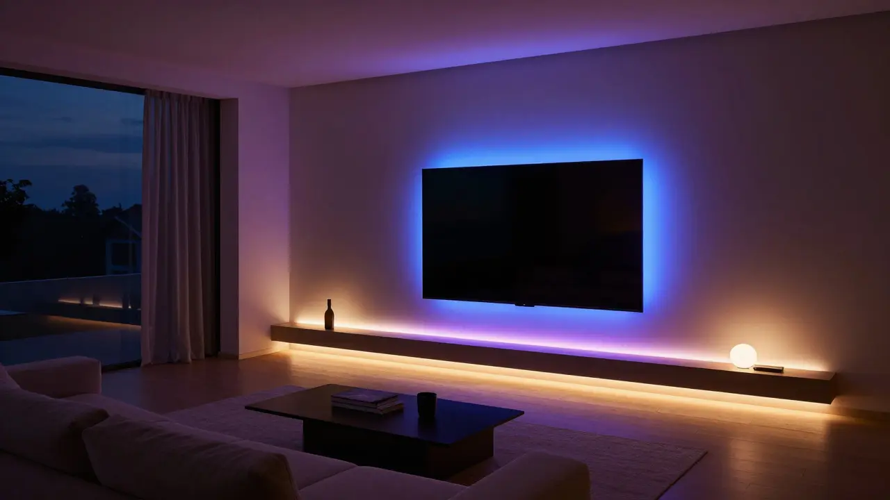 Moderní obývací pokoj s chytrým osvětlením, LED pásky za televizí a u podlahy.