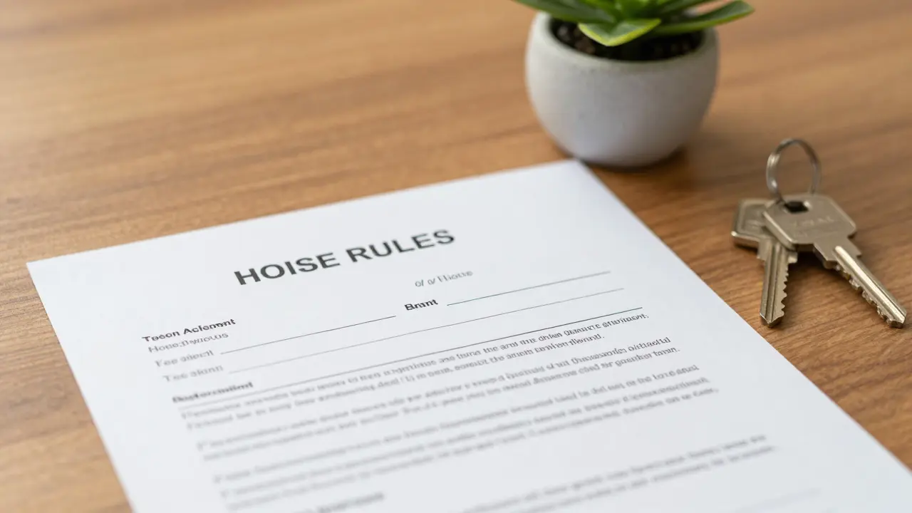 Nájemní smlouva a domovní řád s klíči od bytu na stole.