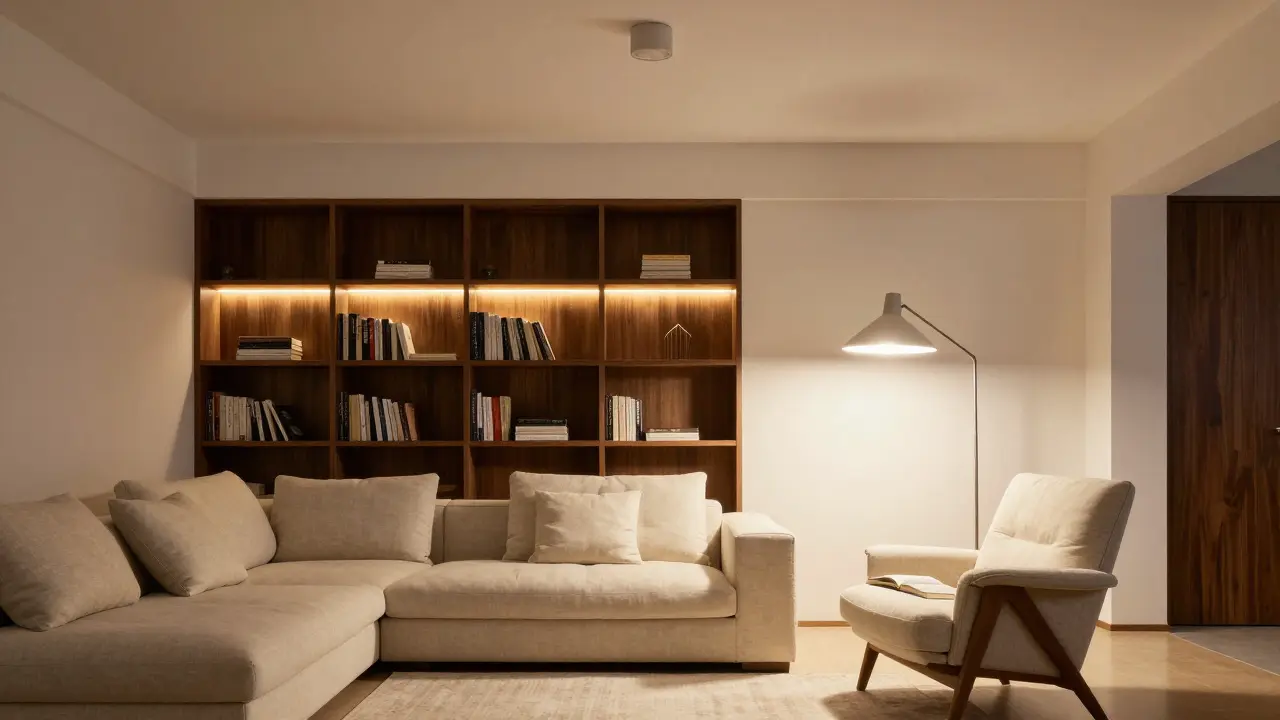 Obývací pokoj s kombinací hlavního lustru, čtecí lampy a dekorativního podsvícení polic.