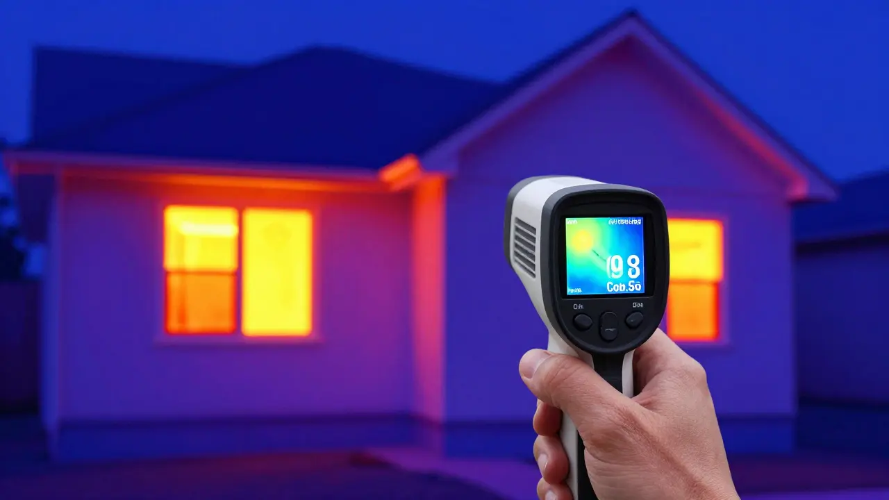  pohled přes termokameru na dům odhalující úniky tepla a tepelné mosty.