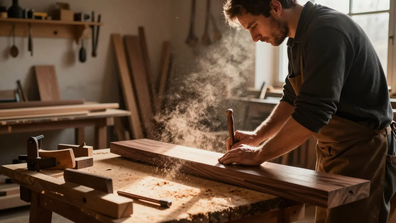 Řemeslník při ruční práci s dřevem v autentické stolařské dílně.