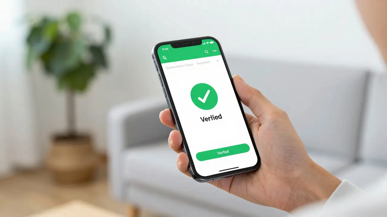 Ruka s chytrým telefonem ukazující digitální ověření bezdlužnosti v moderním interiéru.