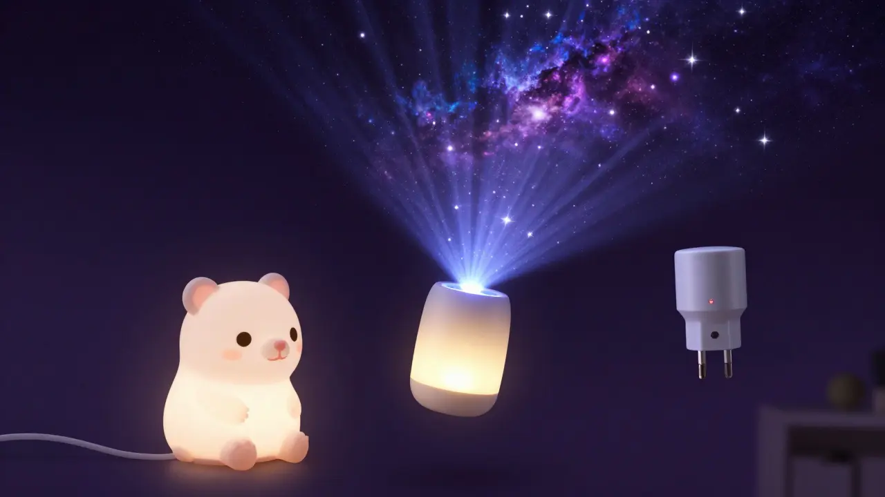 Sestava různých nočních lampiček včetně projektoru hvězdné oblohy na stropě.