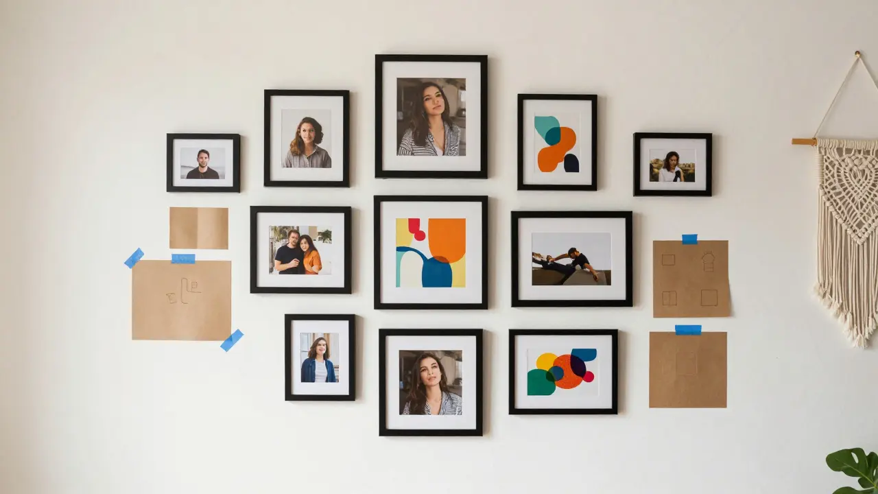 Sestavení galerijní stěny s kombinací fotografií, obrazů a makramé dekorací.