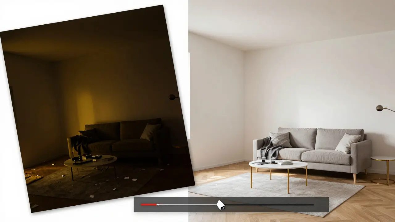 Srovnání amatěrské a profesionálně upravené fotografie interiéru s rovnými liniemi a čistými barvami.