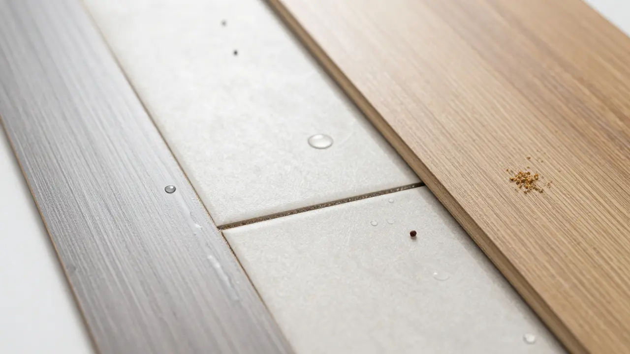 Srovnání povrchu vinylové podlahy, dlažby a laminátu s kapkami vody.