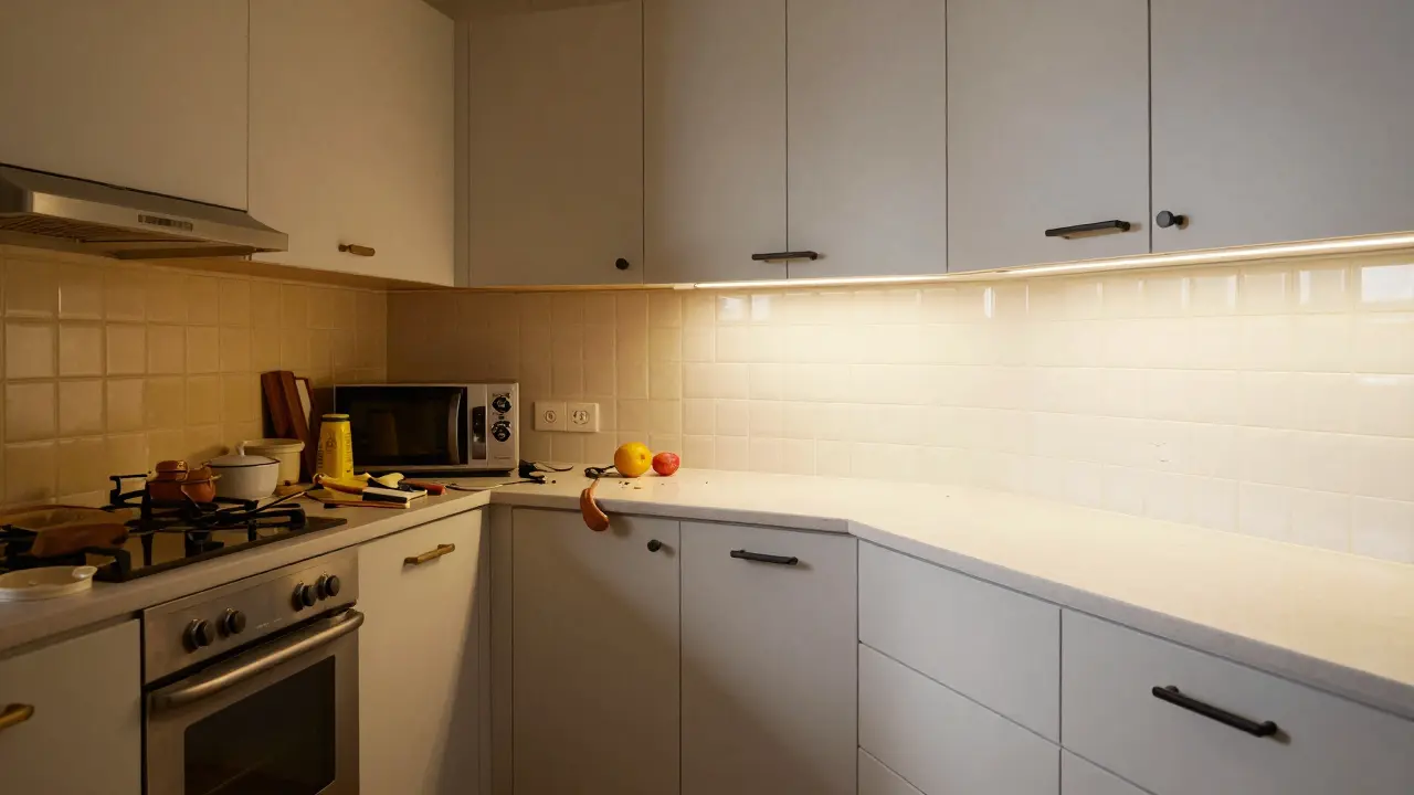 Srovnání zastaralé kuchyně a modernizované kuchyně po home stagingu.