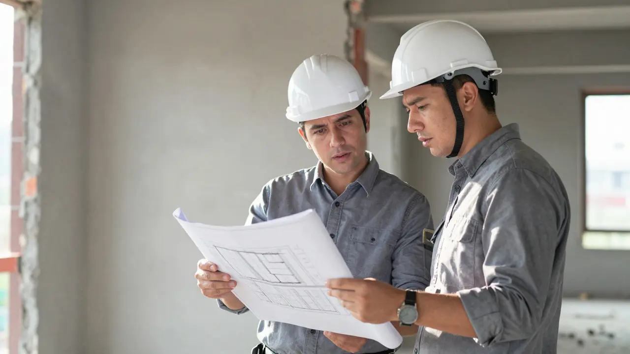Stavební inženýr a stavitel konzultují projektovou dokumentaci přímo na stavbě.
