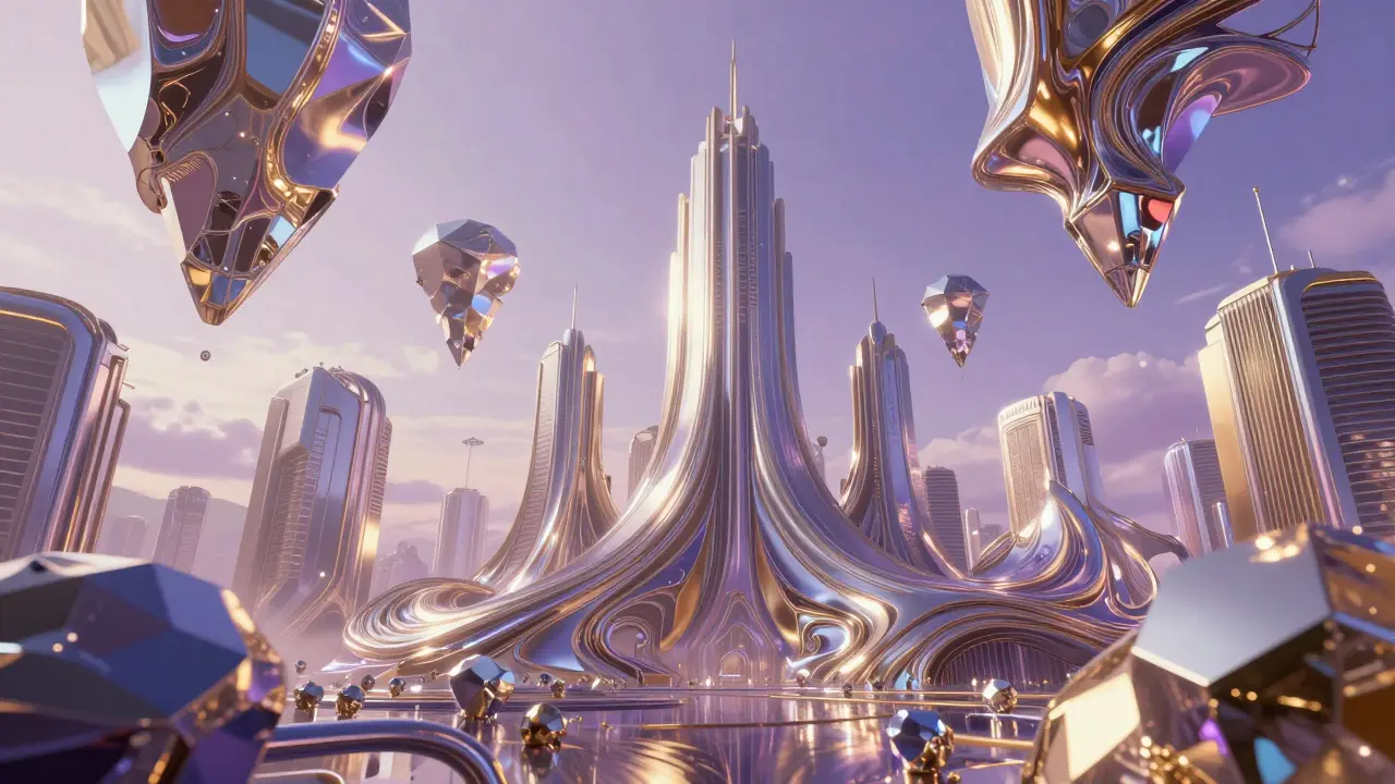 Surrealistická AI architektura s vznášejícími se budovami z tekutého kovu a krystalů.