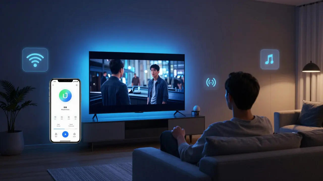 Chytré osvětlení synchronizované s obsahem na obrazovce v moderním interiéru