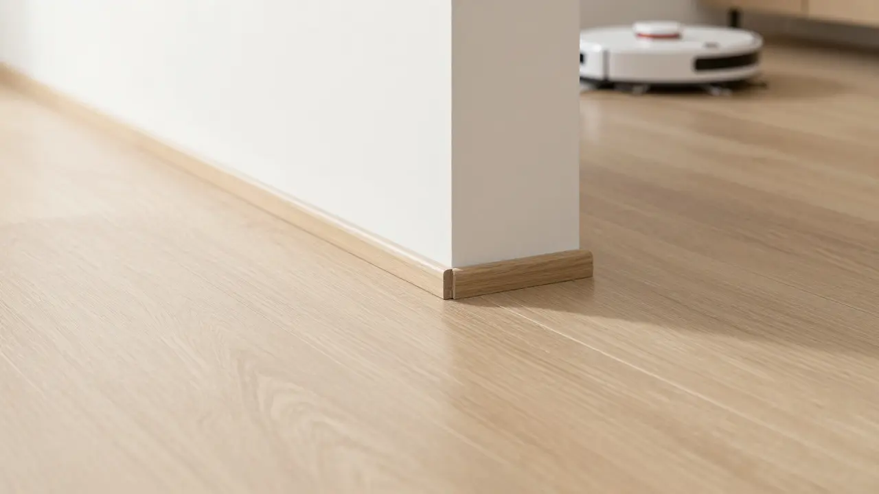 Detail hladké podlahy bez spár, po které se pohybuje robotický vysavač