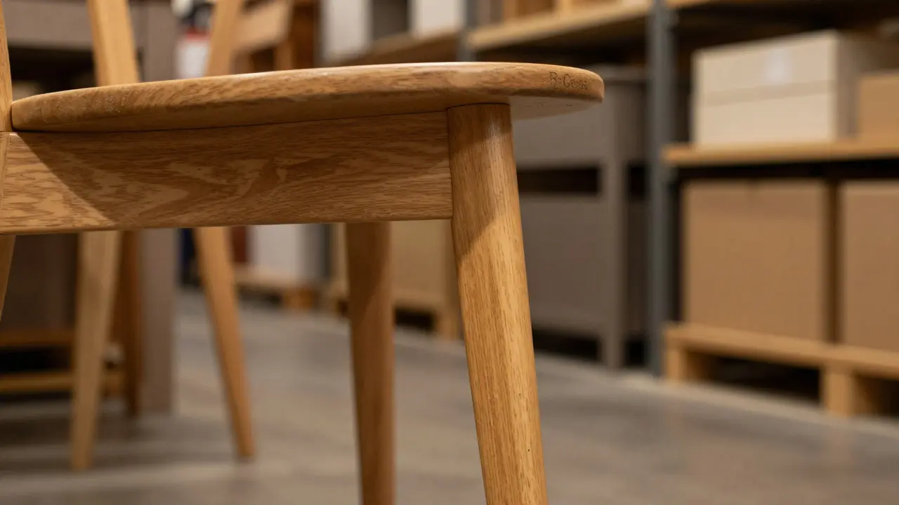 Detail židle z outletu s drobným škrábancem na noze