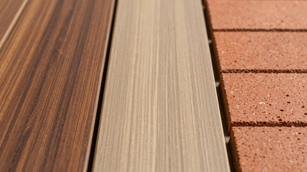 Detailní záběr na různé materiály podlah: dřevo, kompozit a cihlu