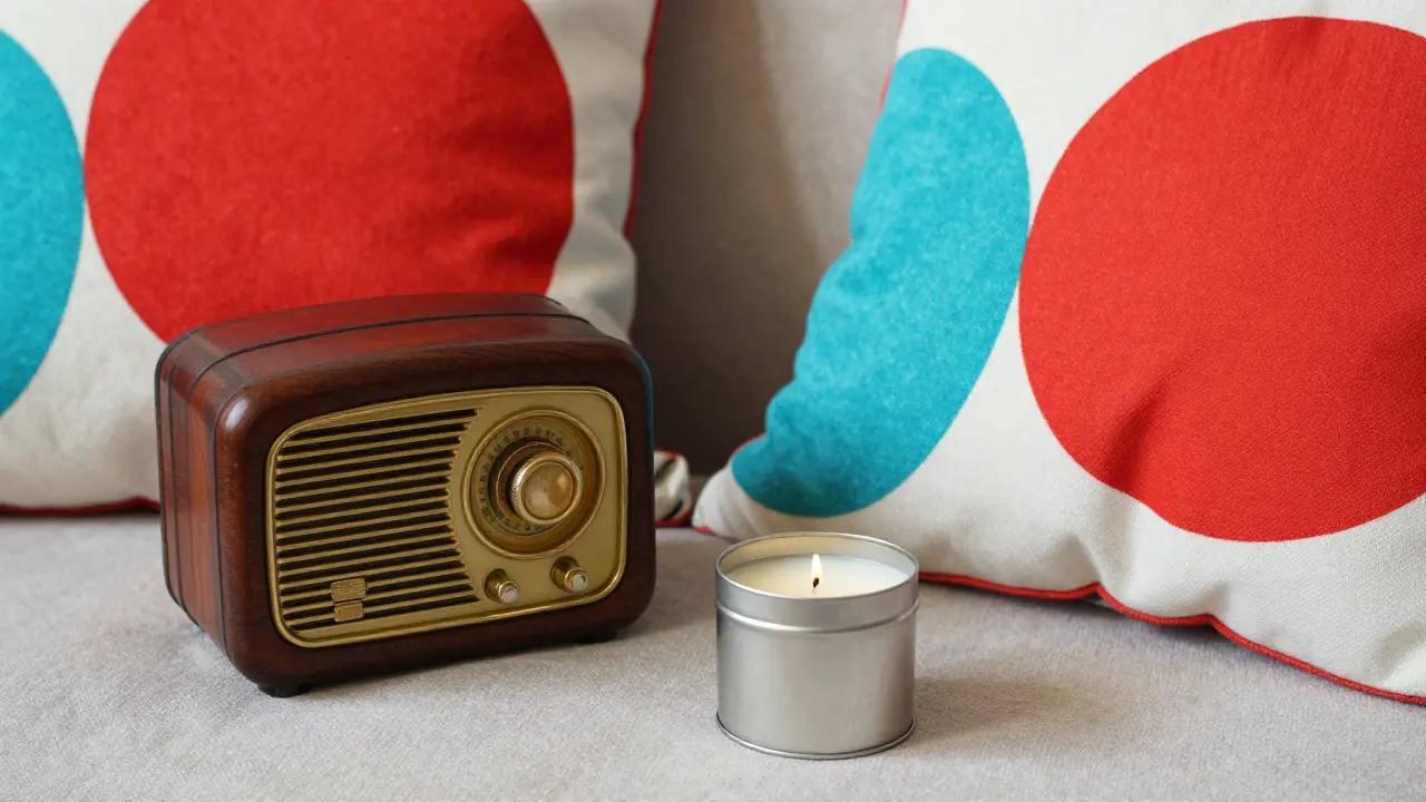Detaily retro dekorací: rádio, svíčka a polštáře s výraznými vzory