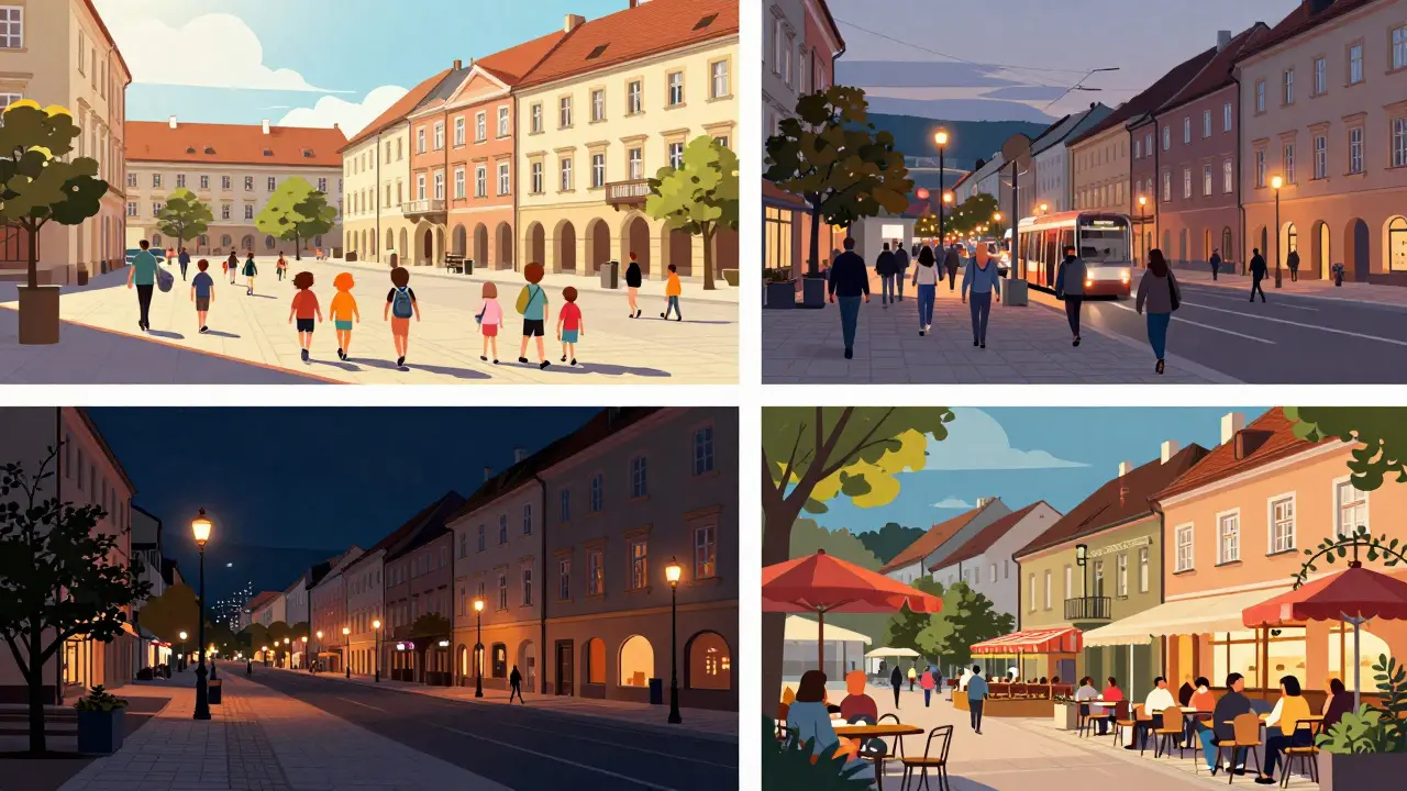 Kvartér čtvrti ve čtyřech různých časech dne pro ověření hluku