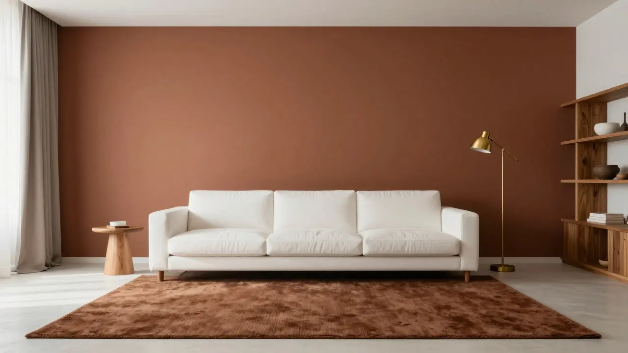 Minimalistický interiér kombinující bílou, terakotu a hnědou pro moderní a teplou atmosféru.