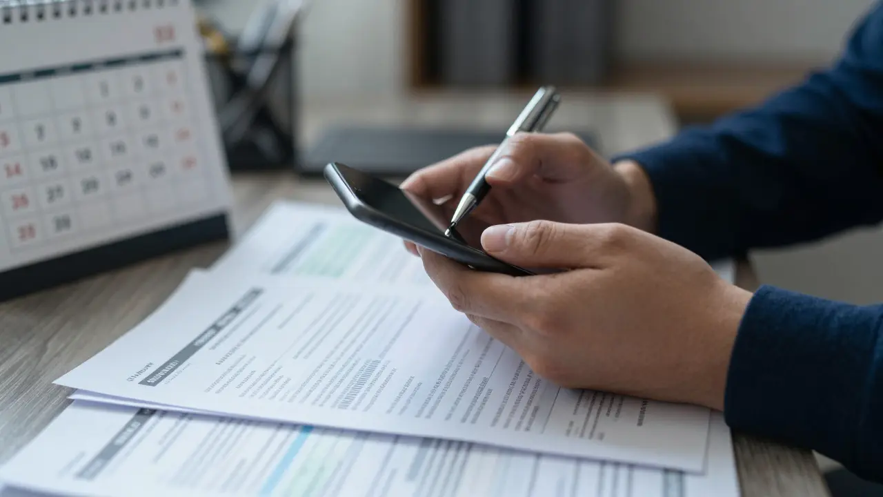 Ruce s dokumenty a kalendářem při plánování administrativy stěhování