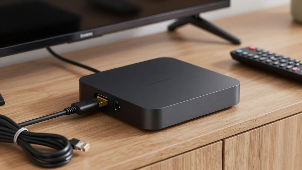 Streamovací box připojený k televizi na dřevěném stolku