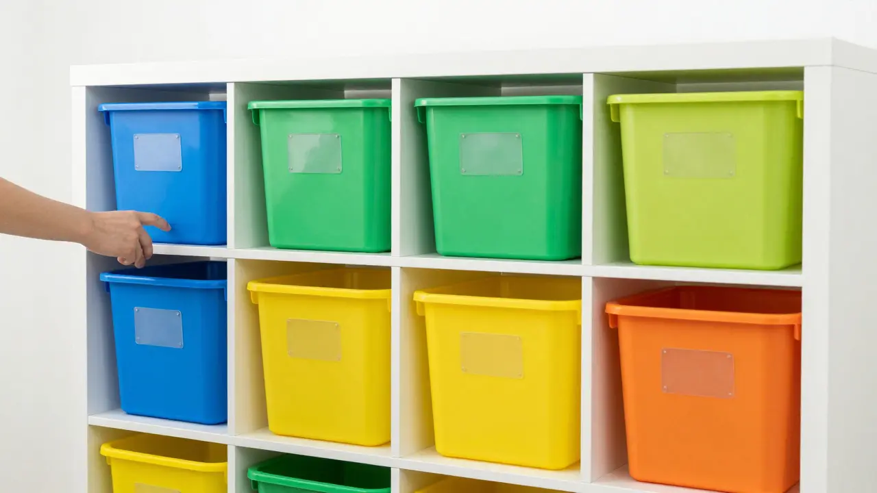 Uspořádané regály s barevně kódovanými boxy