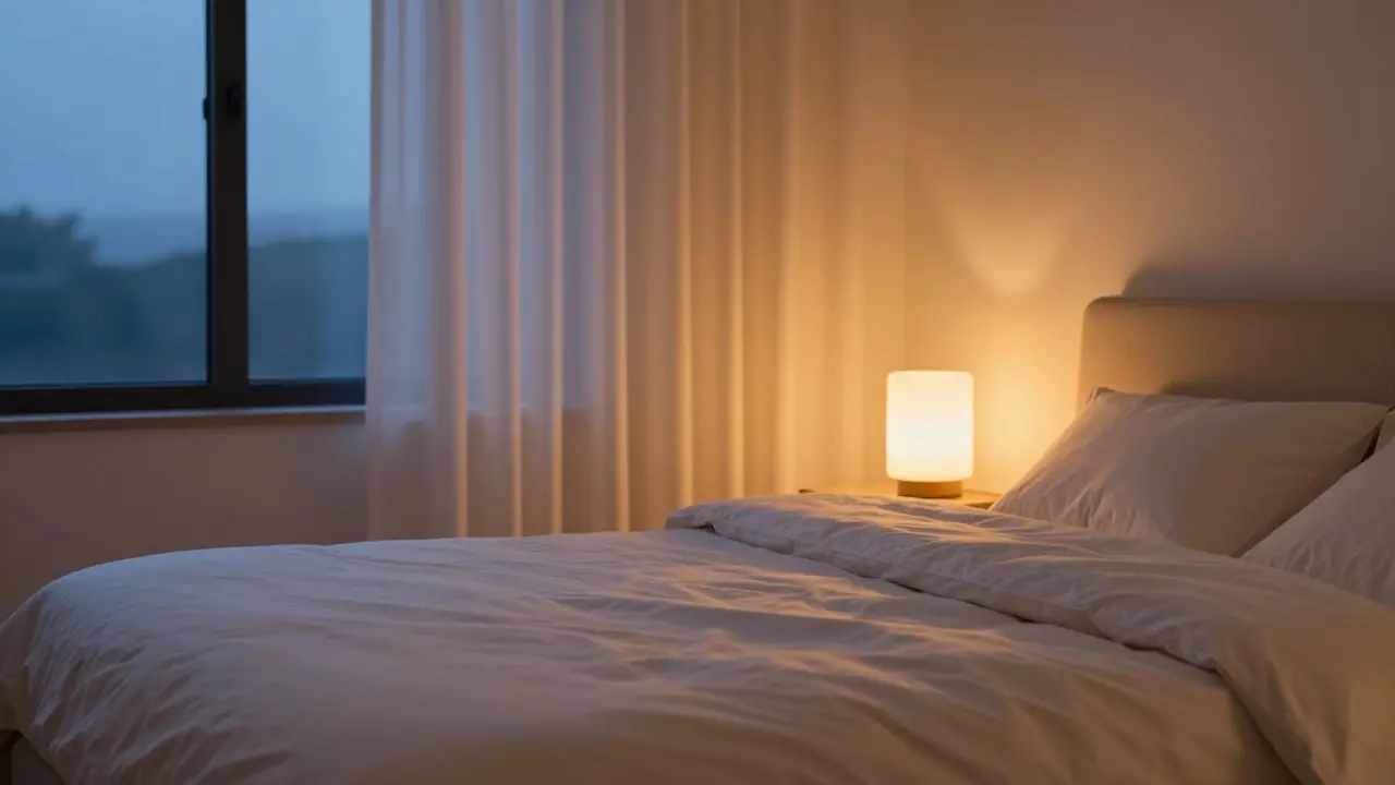 Útulná ložnice osvětlená teplým světlem pro relaxaci