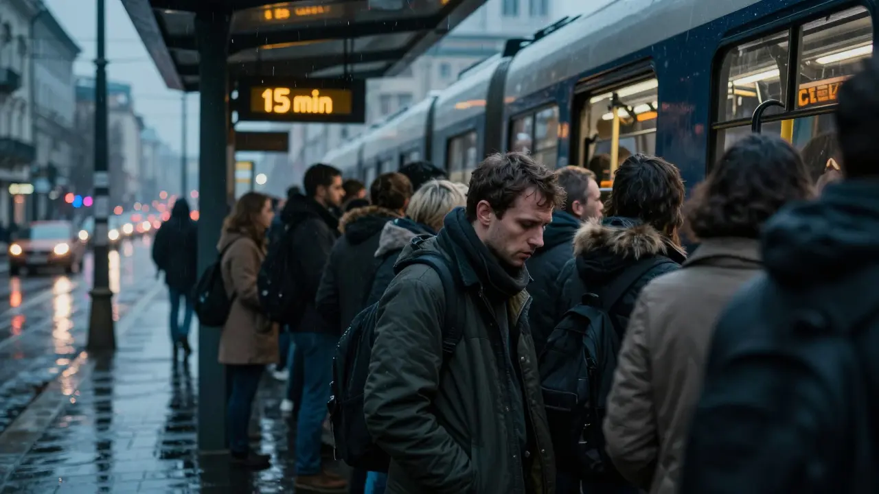 Zaparkovaný tramvaj v ranní špičce za deště, přeplněná vozidla