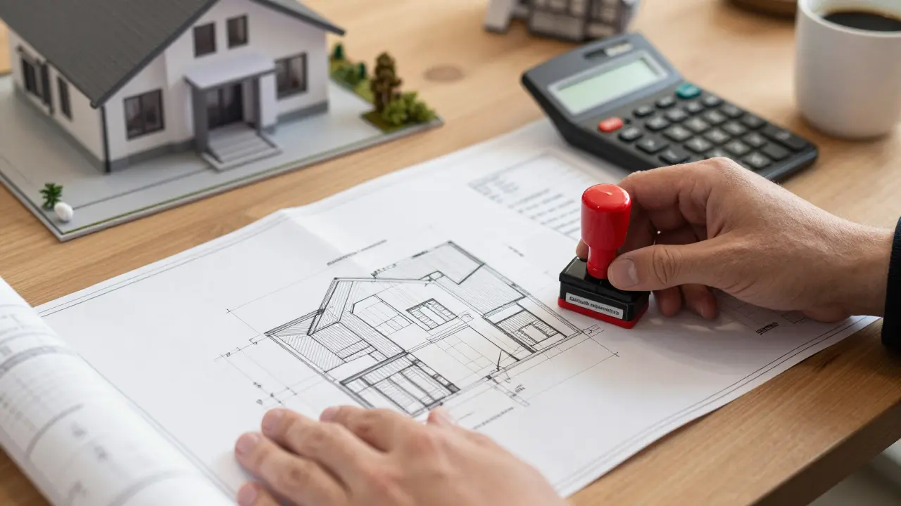Architekt kontroluje detailní výkresy a projektovou dokumentaci rodinného domu na stole.